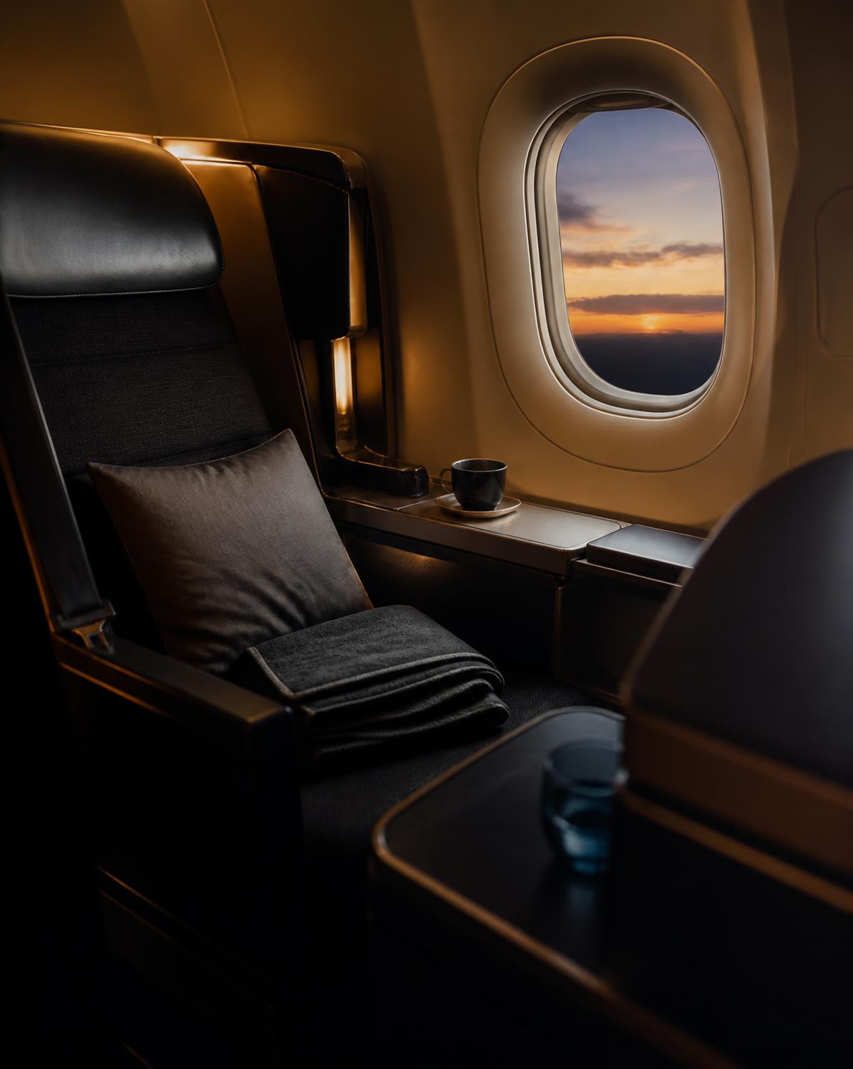 Assento de cabine executiva ao entardecer, ambiente premium de viagem