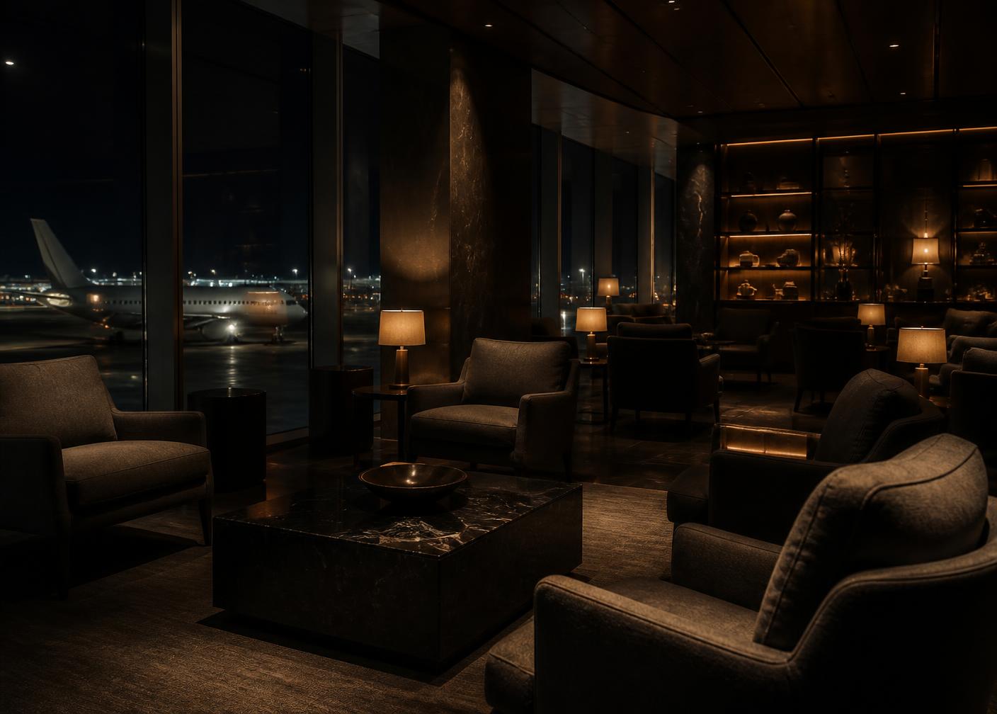 Lounge de aeroporto premium com vista para a pista à noite, ambiente de espera da experiência Vi'Tour